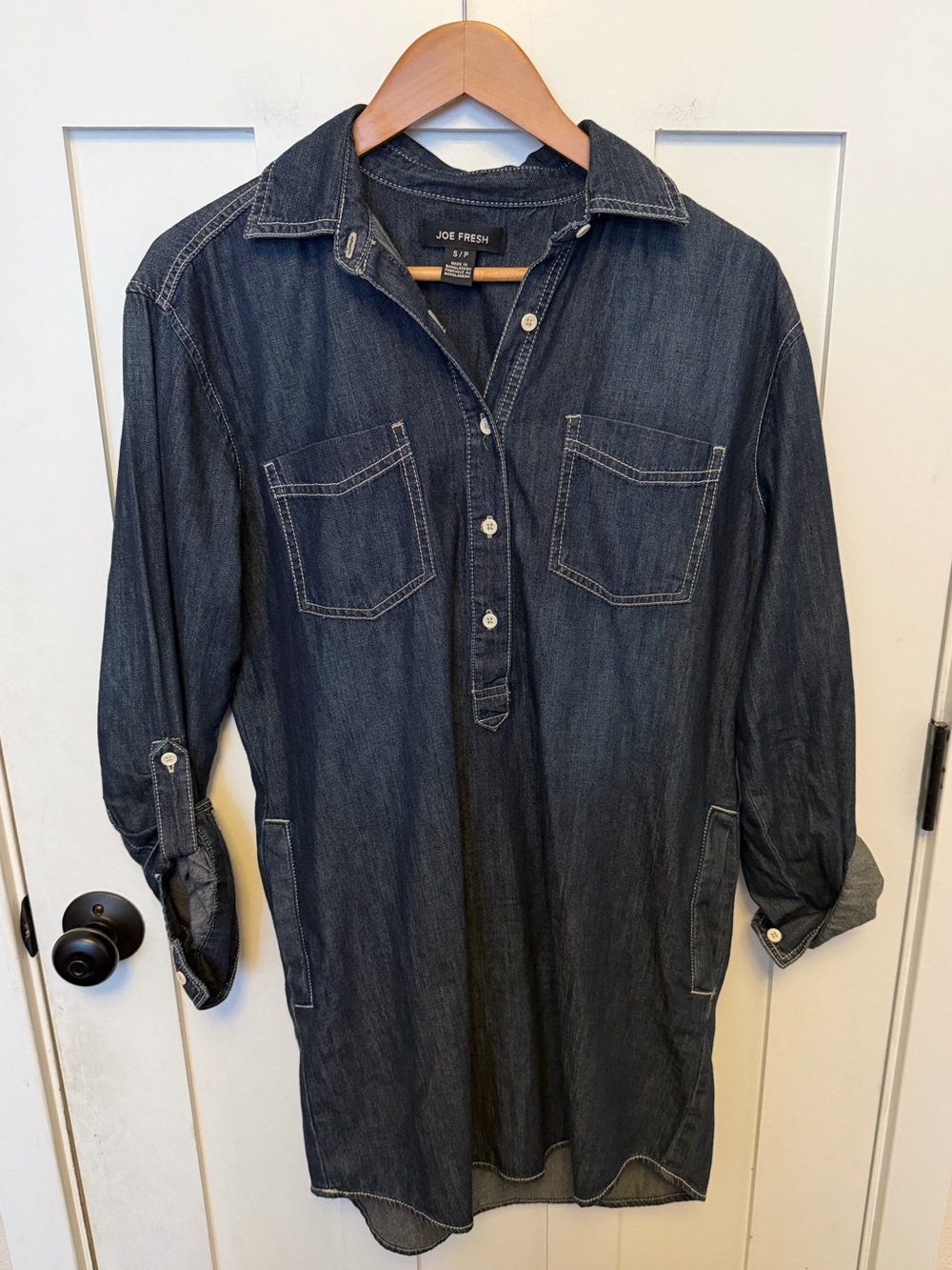 Joe Fresh dark wash denim popover utility shift shirt dress S Roll tab sleeve